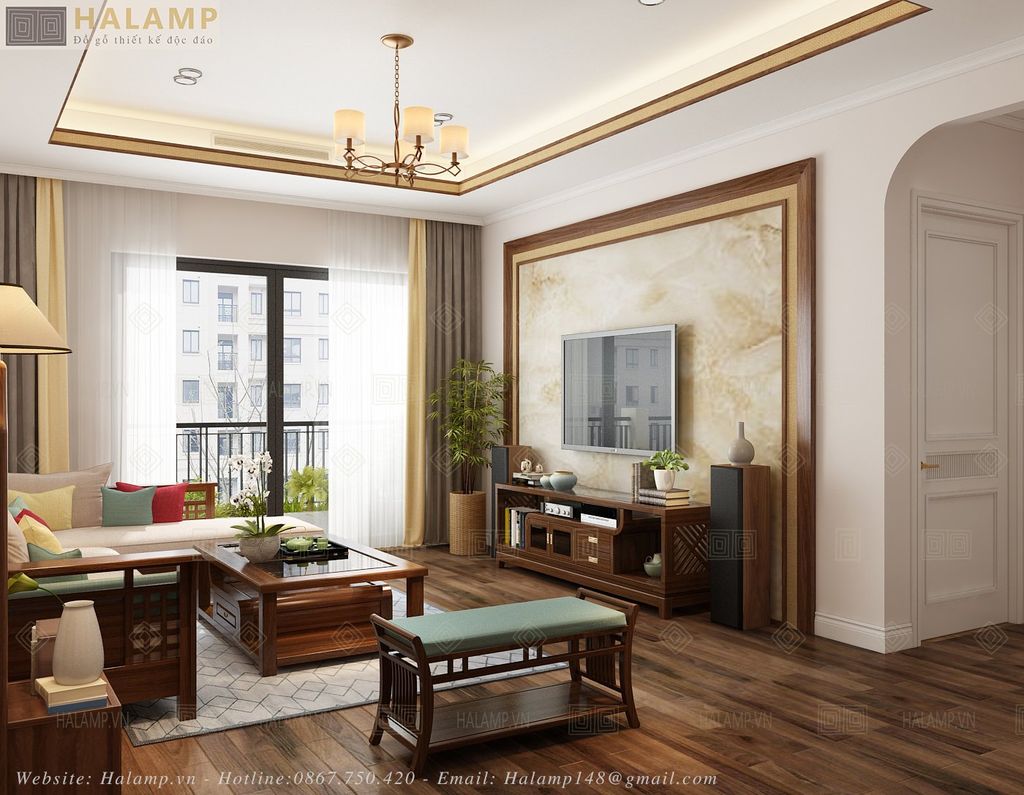 Thiết kế nội thất phòng khách với đồ gỗ grandbois mua sẵn