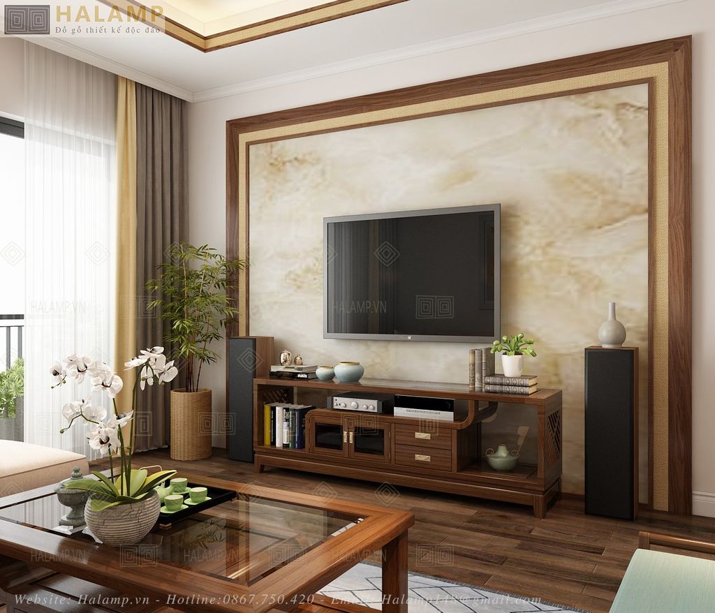 Thiết kế kệ ti vi gỗ gụ theo đồ gỗ grandbois