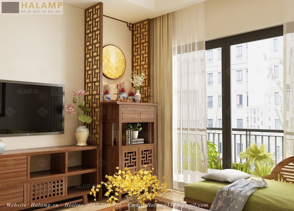 Thiết kế nội thất phòng khách có đặt bàn thờ