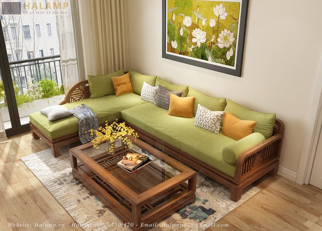 Bộ sofa góc gỗ tự nhiên ăn nhập phòng khách đặt bàn thờ
