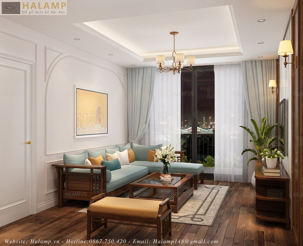 Bộ sofa gỗ tự nhiên điểm nhấn trong phòng khách phong cách tân cổ điển