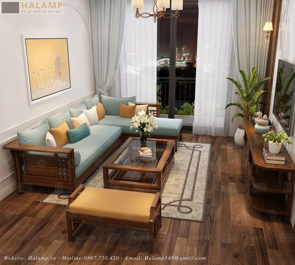 Bộ sofa góc gỗ gụ tự nhiên trong phòng khách