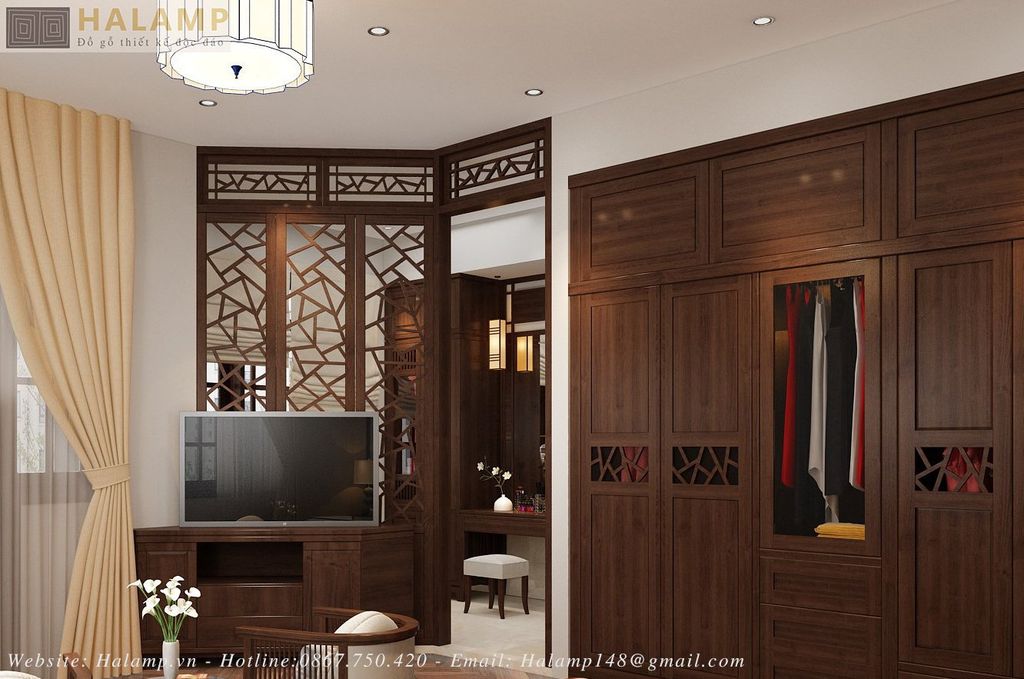Thiết kế vách ngăn phòng ngủ phong cách gỗ Việt