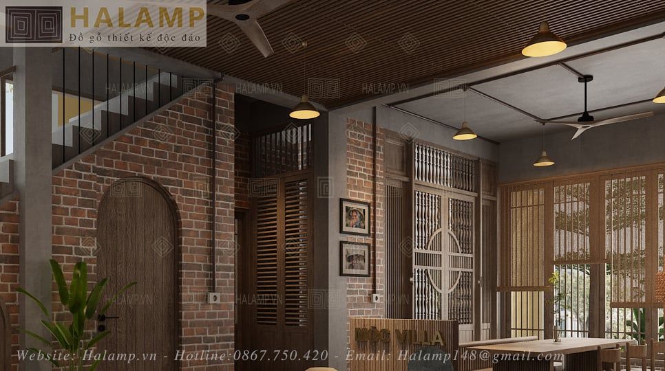 Trang trí trần với lam gỗ trên trần nổi che đường ống kỹ thuật