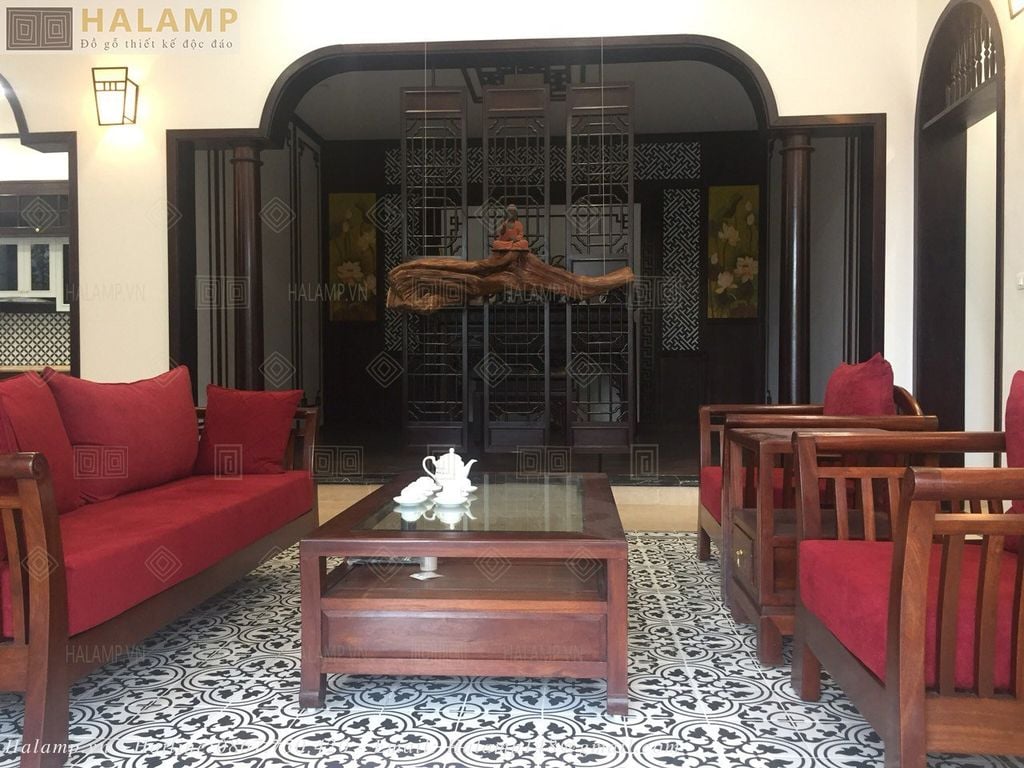 bộ sofa gỗ gụ trong không gian indochine