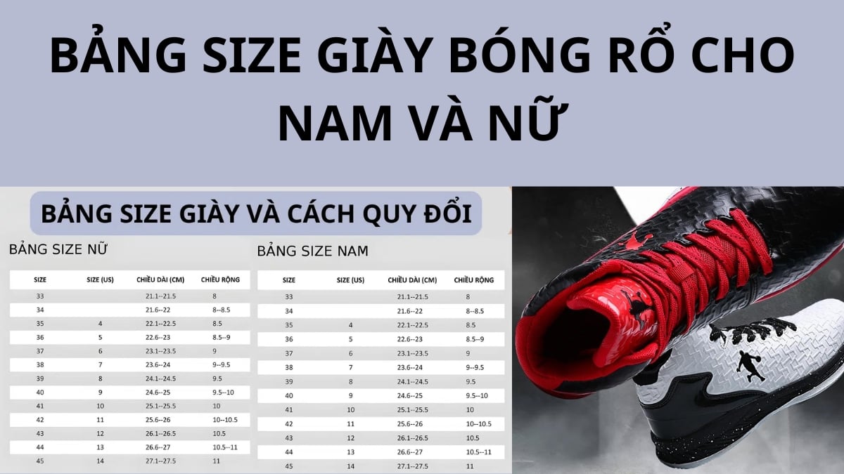 Bảng size giày bóng rổ cho nam và nữ