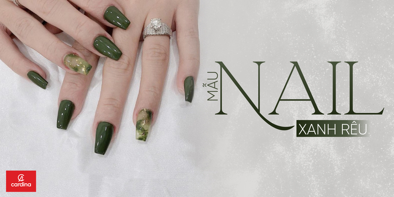Nail xanh rêu kết hợp với họa tiết