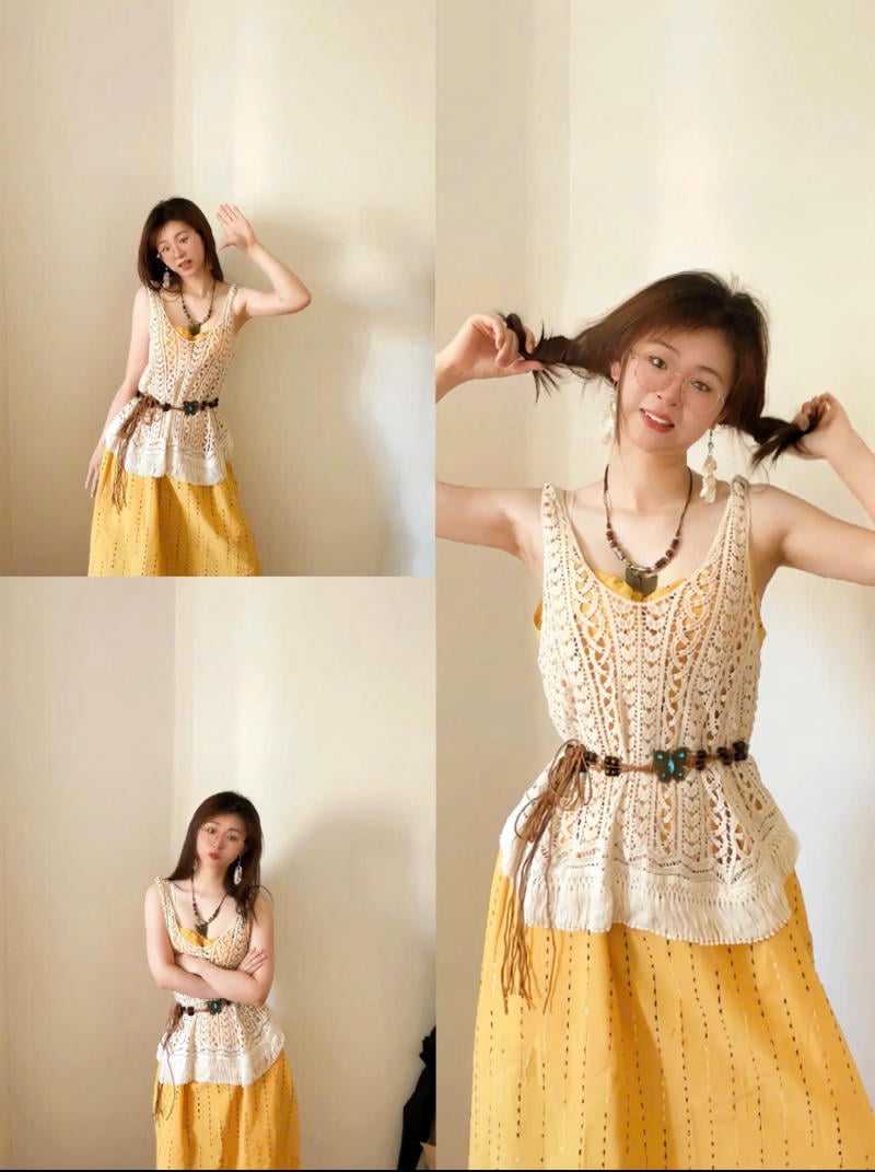 Chân váy màu vàng kết hợp với áo màu Nude