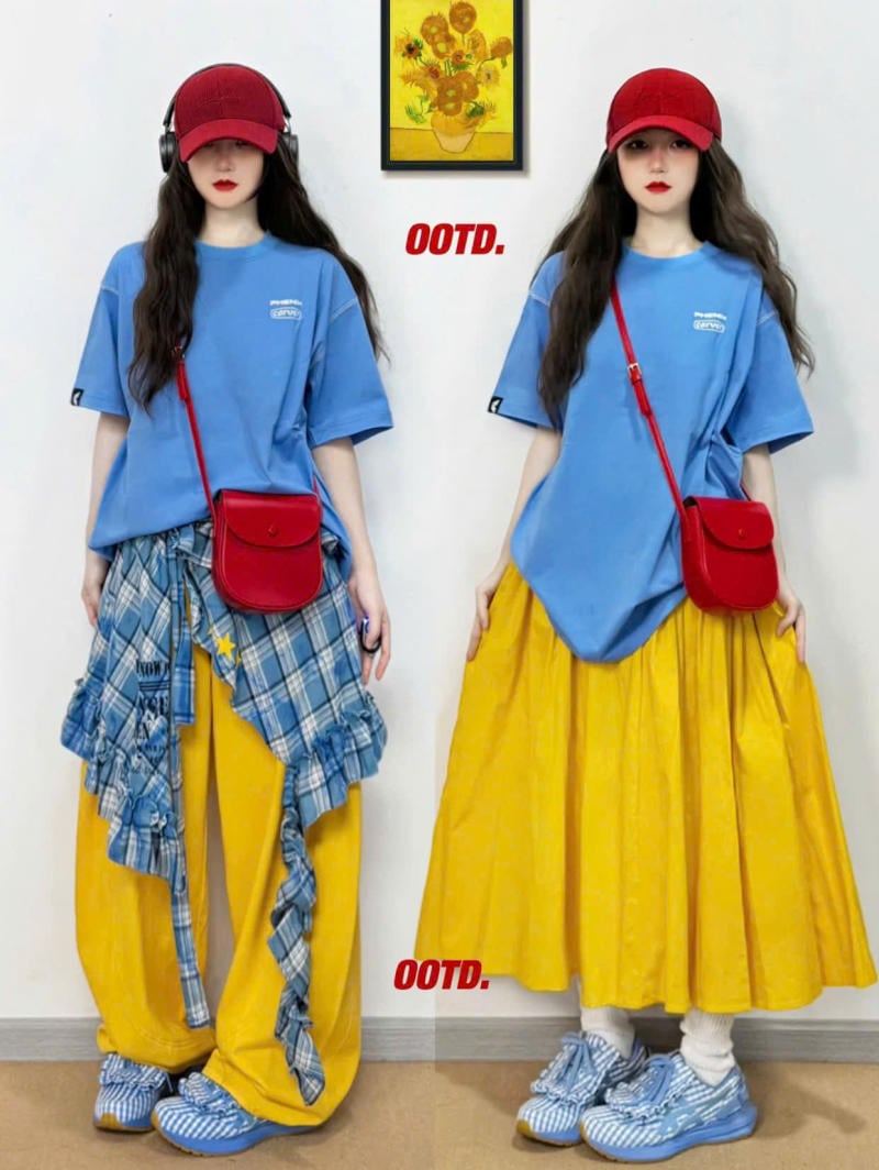 Chân váy màu vàng kết hợp với áo màu xanh da trời