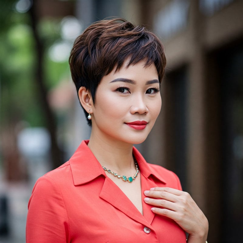 tóc ngắn cho tuổi 40 mặt tròn