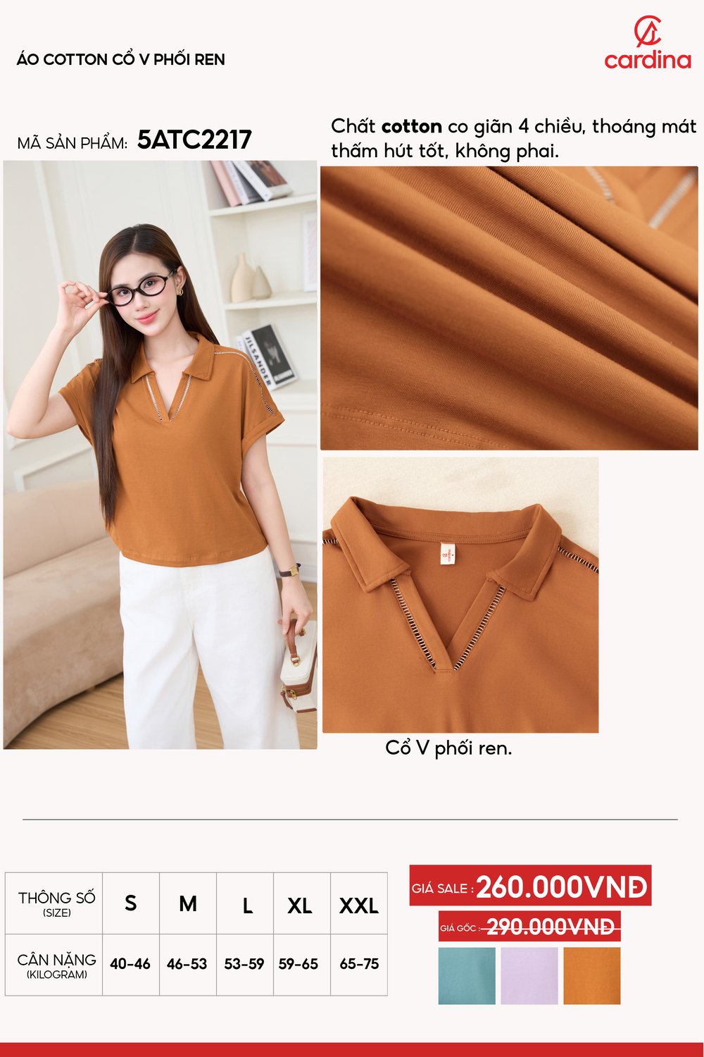 Áo cotton cổ V phối ren