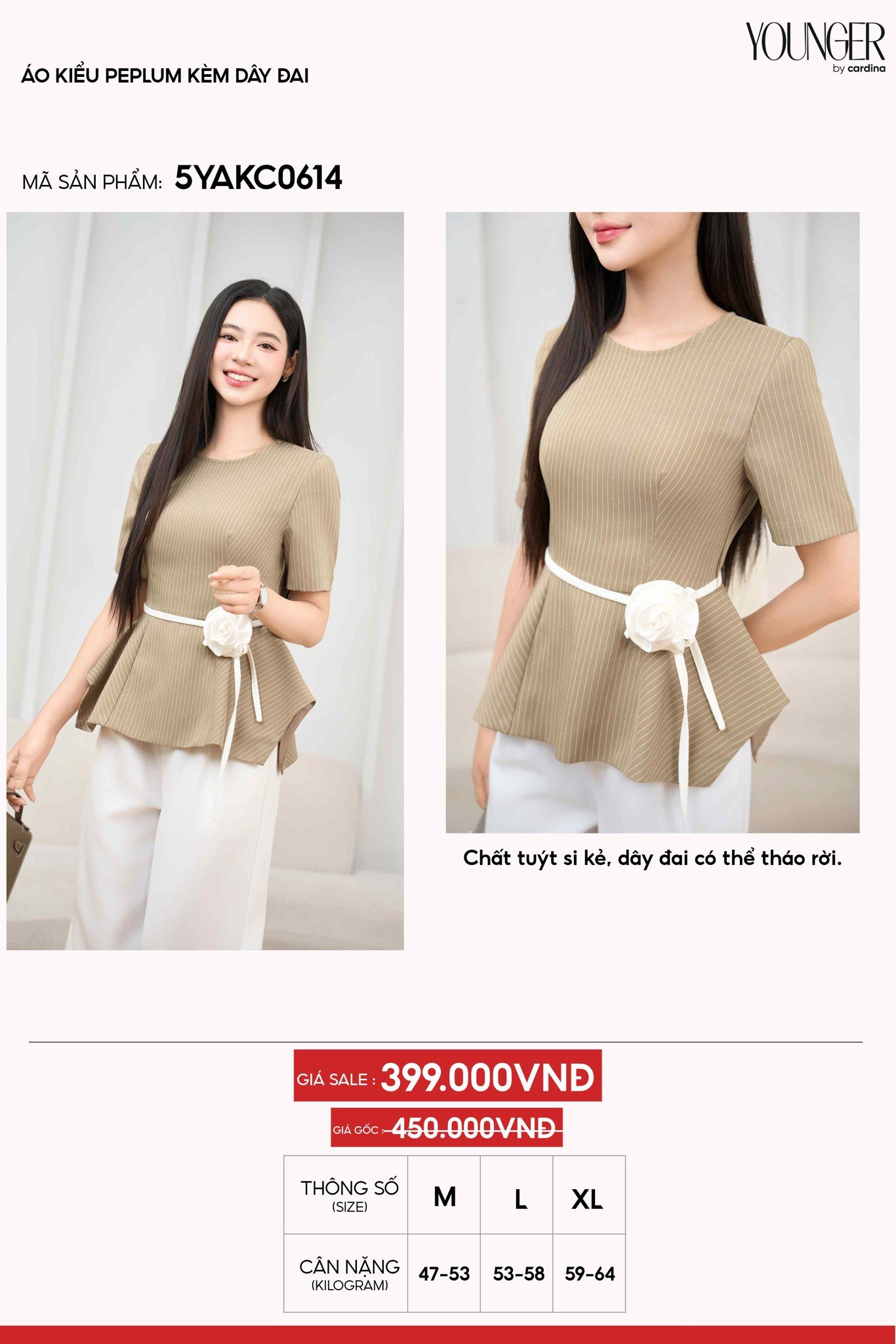 Áo kiểu nữ Cardina dòng Younger vải tuyết si kê thiết kế Peplum kèm dây đai