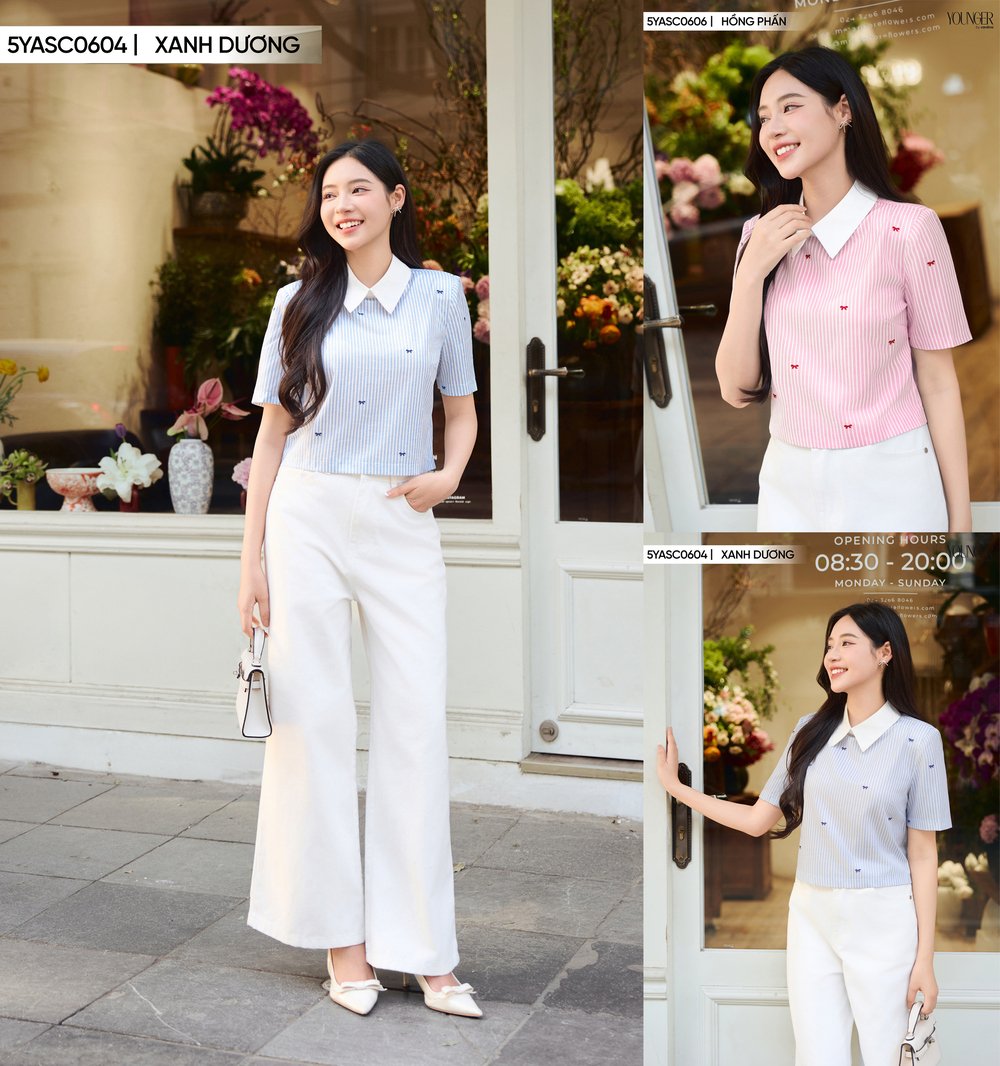 Áo sơ mi kẻ croptop phối cổ họa tiết in nơ kẻ
