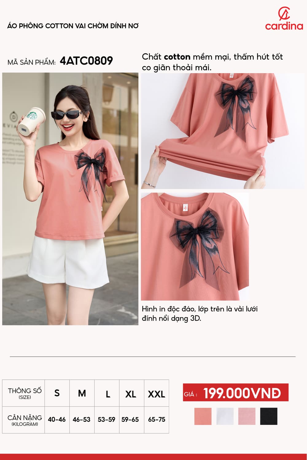 Áo phông cotton vai chờm đính nơ