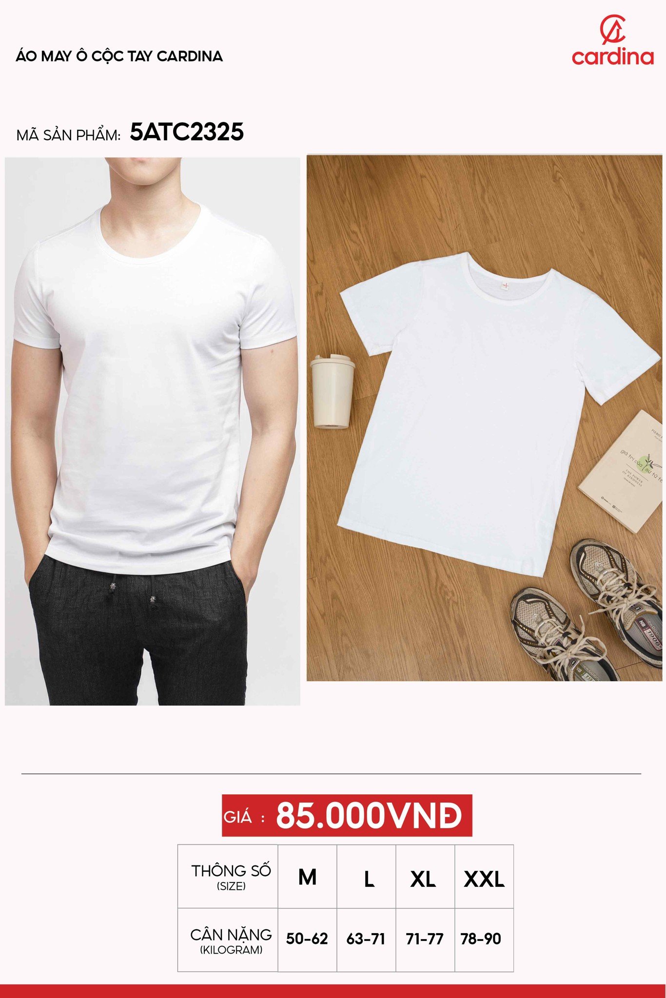 Áo thun nam Cardina dòng cơ bản vải cotton dáng cổ tròn màu trắng trơn