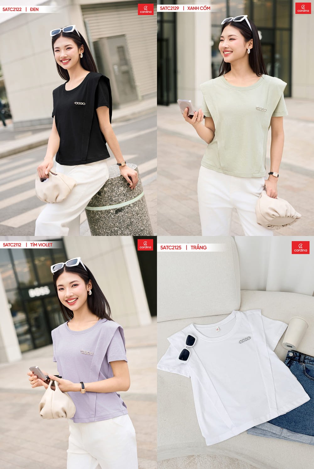 Áo phông cotton cổ tròn vai cách điệu
