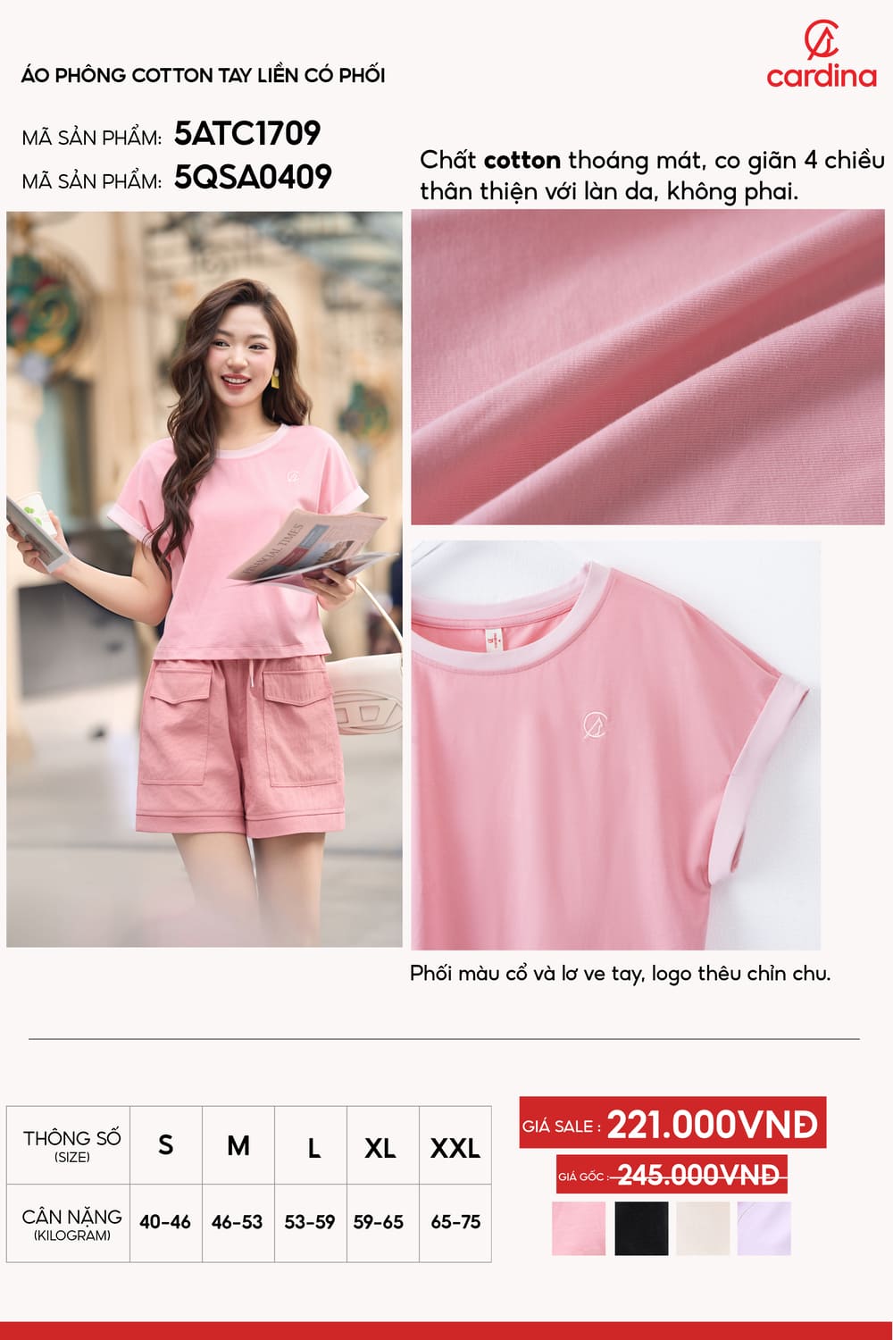 Áo phông cotton tay liền có phối