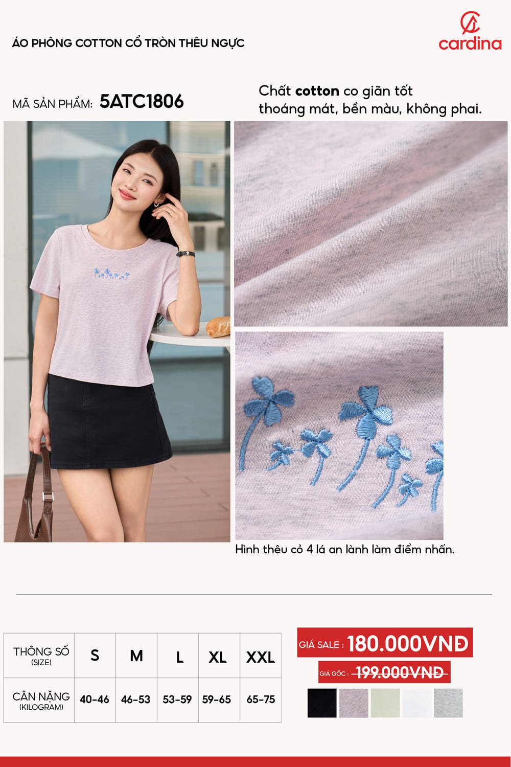 Áo phông nữ chất cotton cổ tròn thêu cỏ bốn lá An lành