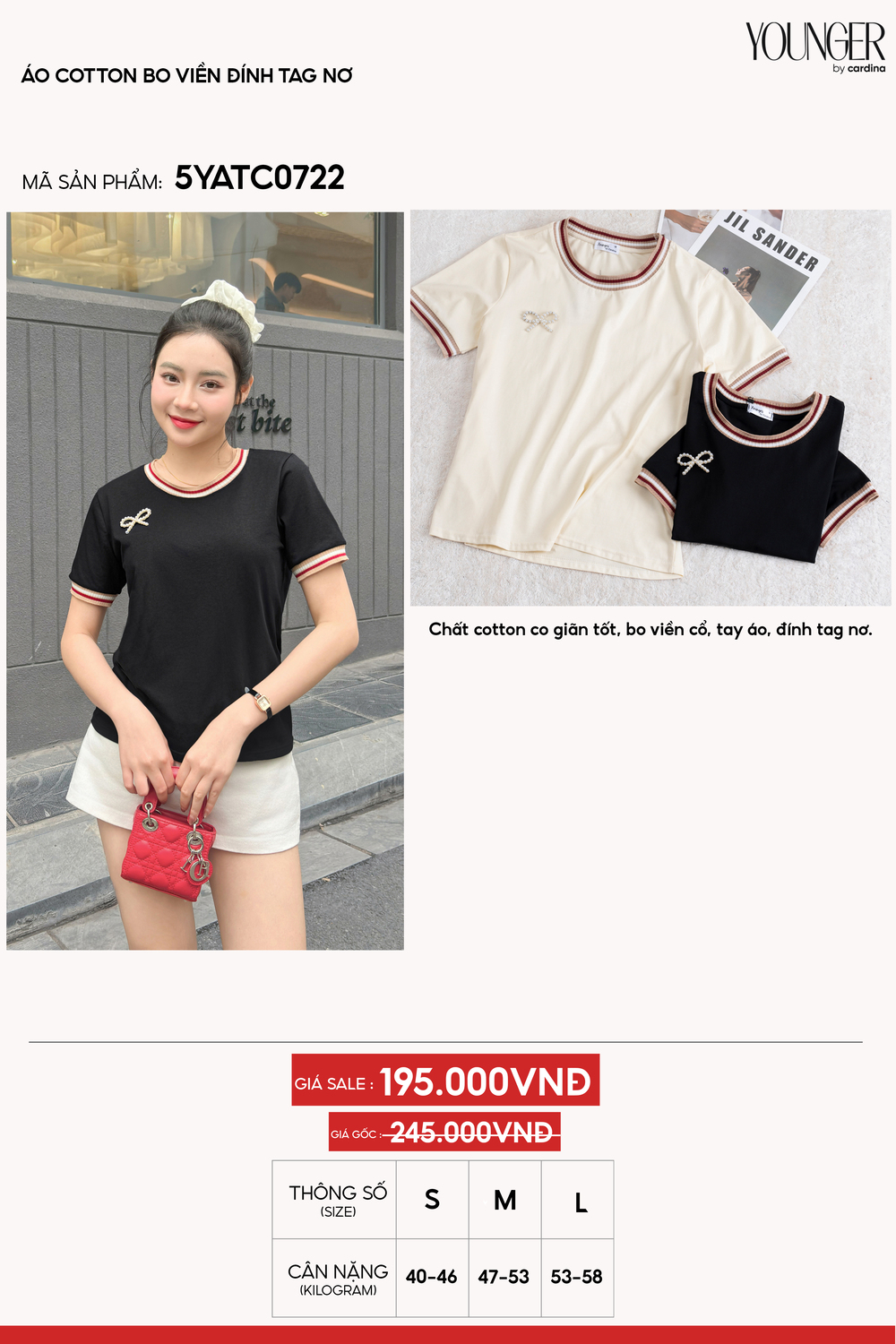Áo phông nữ chất cotton bo viền đính tag nơ