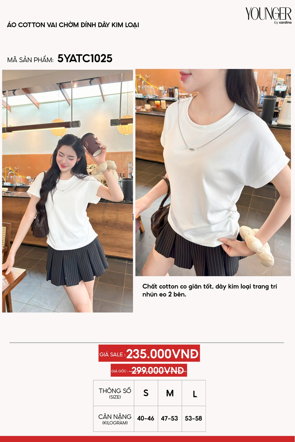 Áo phông nữ chất liệu cotton vai chờm đính dây kim loại