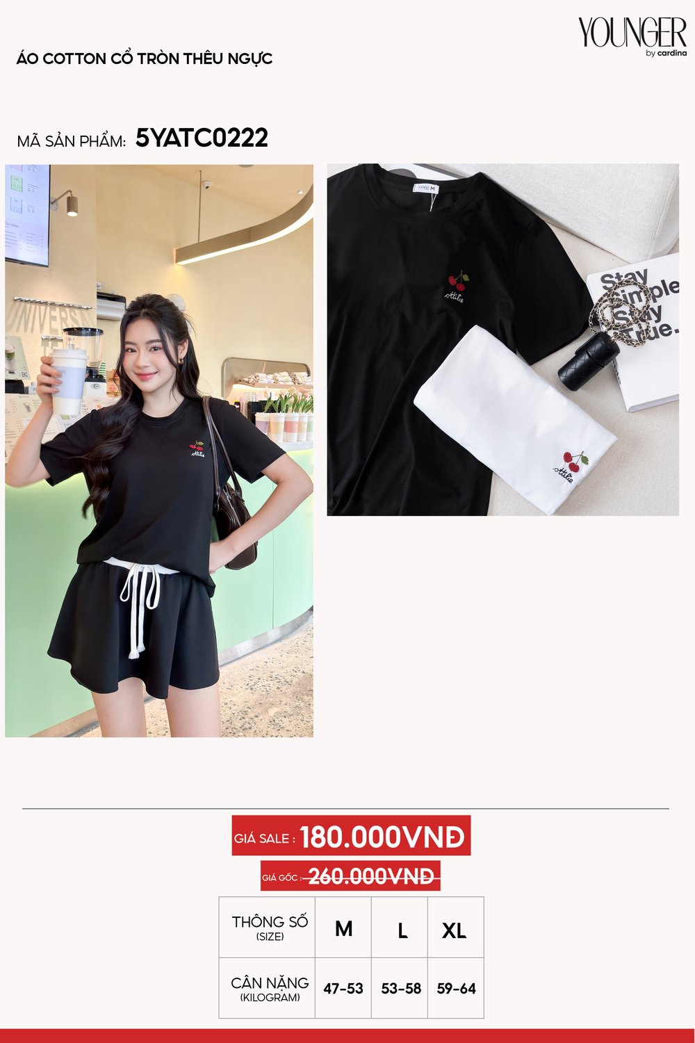 Áo cotton cổ tròn thêu ngực