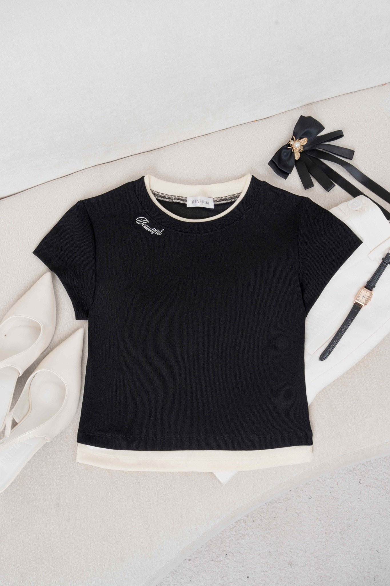 Áo Croptop Nữ Younger by Cardina Dáng Ngắn Vải Tăm Co Giãn Phối Cổ