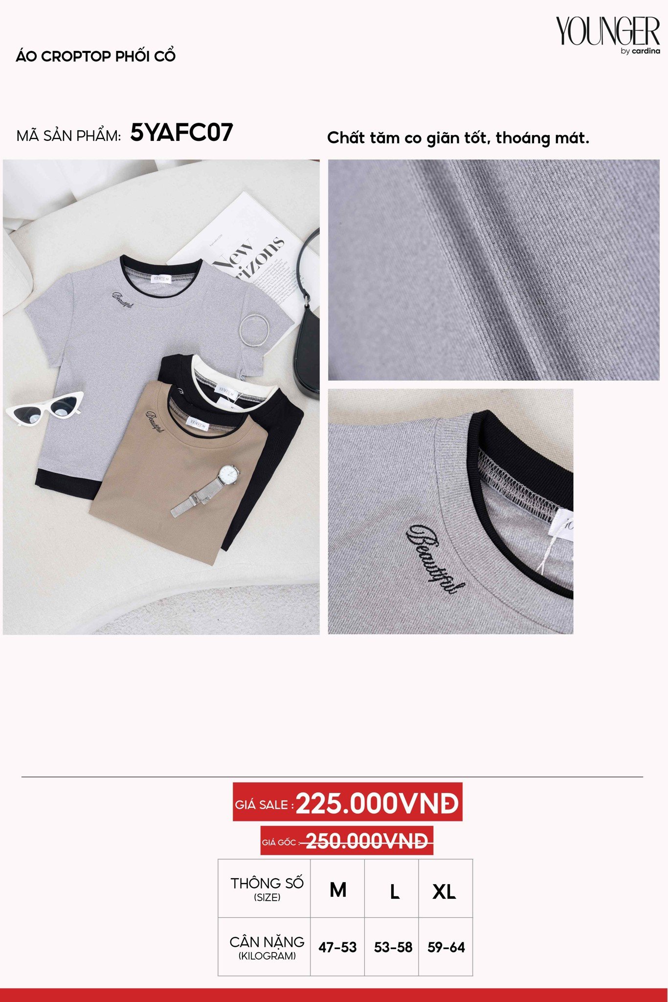 Áo Croptop Nữ Younger by Cardina Dáng Ngắn Vải Tăm Co Giãn Phối Cổ