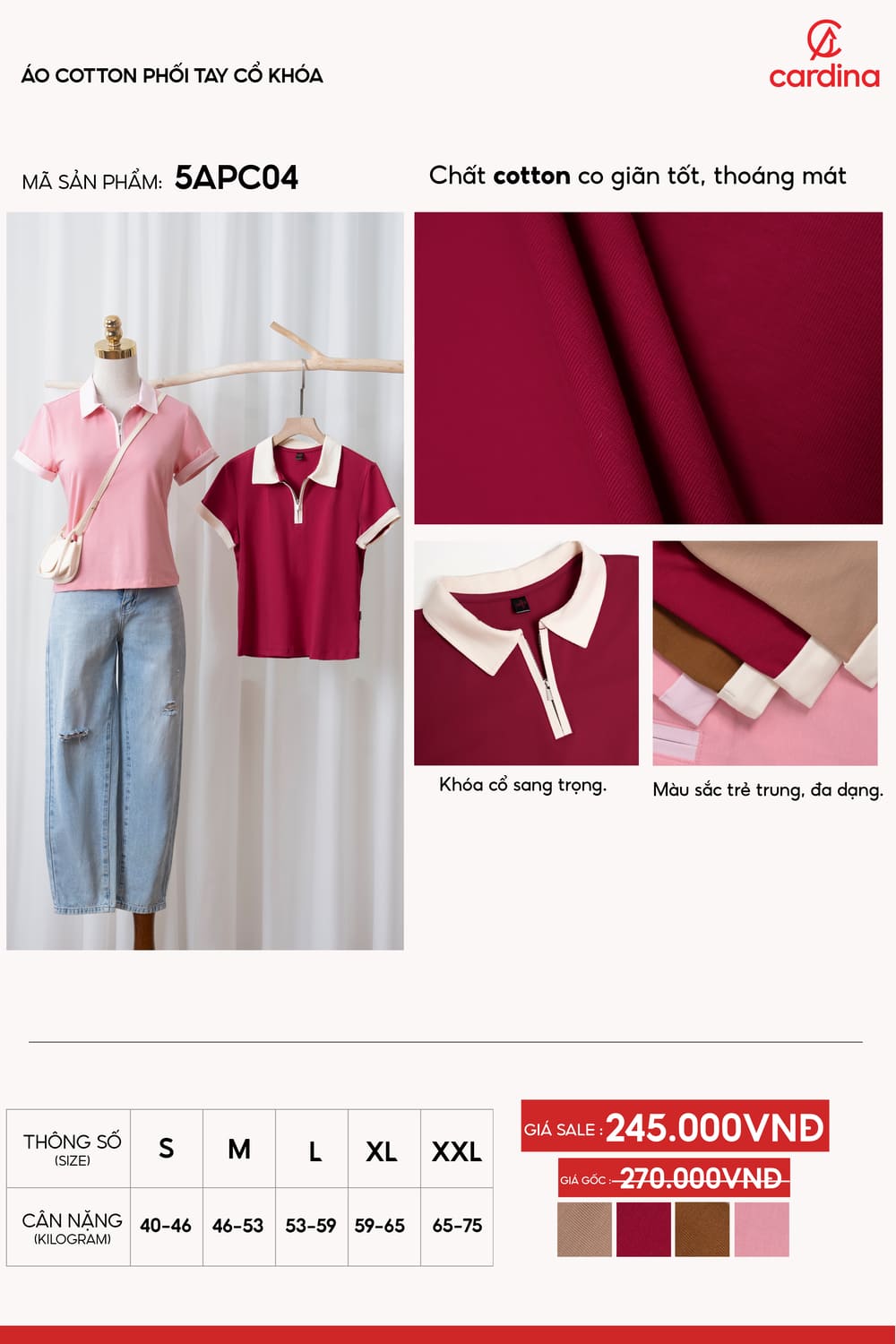Áo polo nữ cổ khóa phối màu chất cotton mềm mát