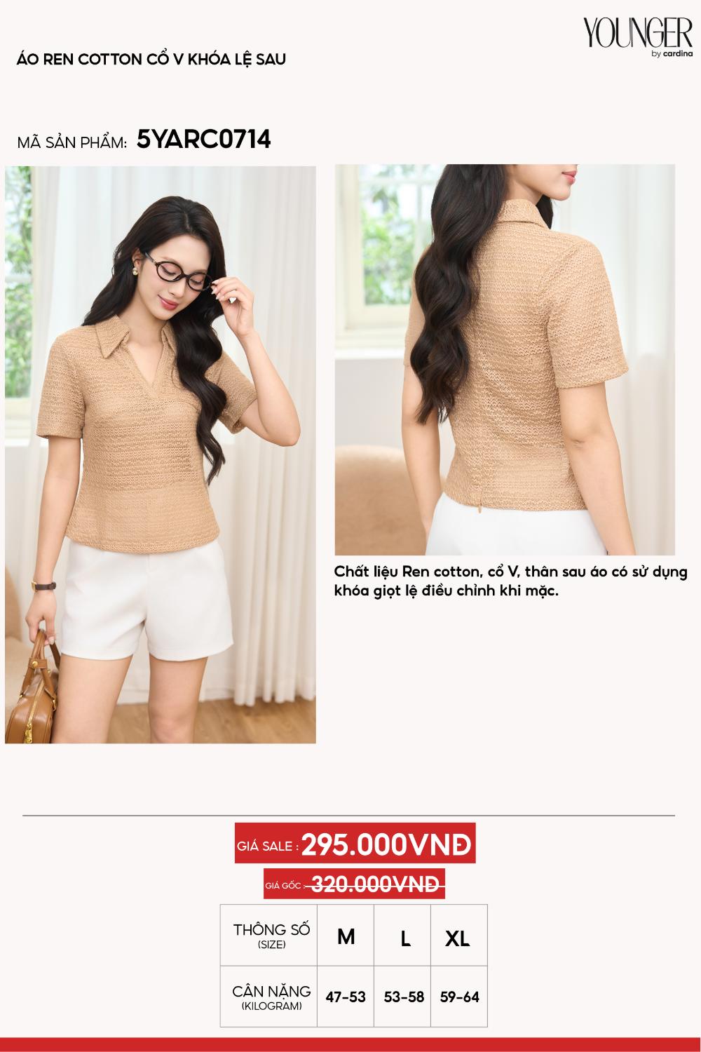 Áo phông nữ cổ polo ren cotton cổ V khóa lệ sau