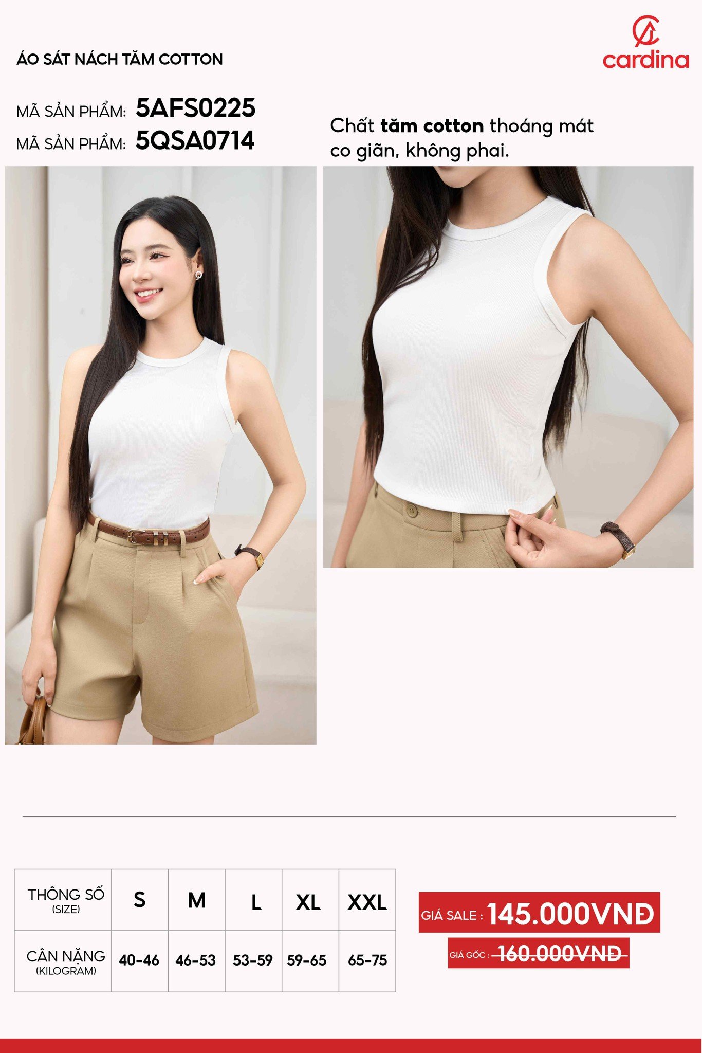 Áo sát nách nữ Cardina dòng cơ bản vải tăm cotton thiết kế sát nách