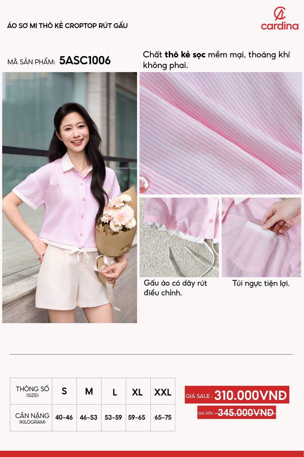 Áo sơ mi nữ chất thô kẻ dáng croptop rút gấu trẻ trung