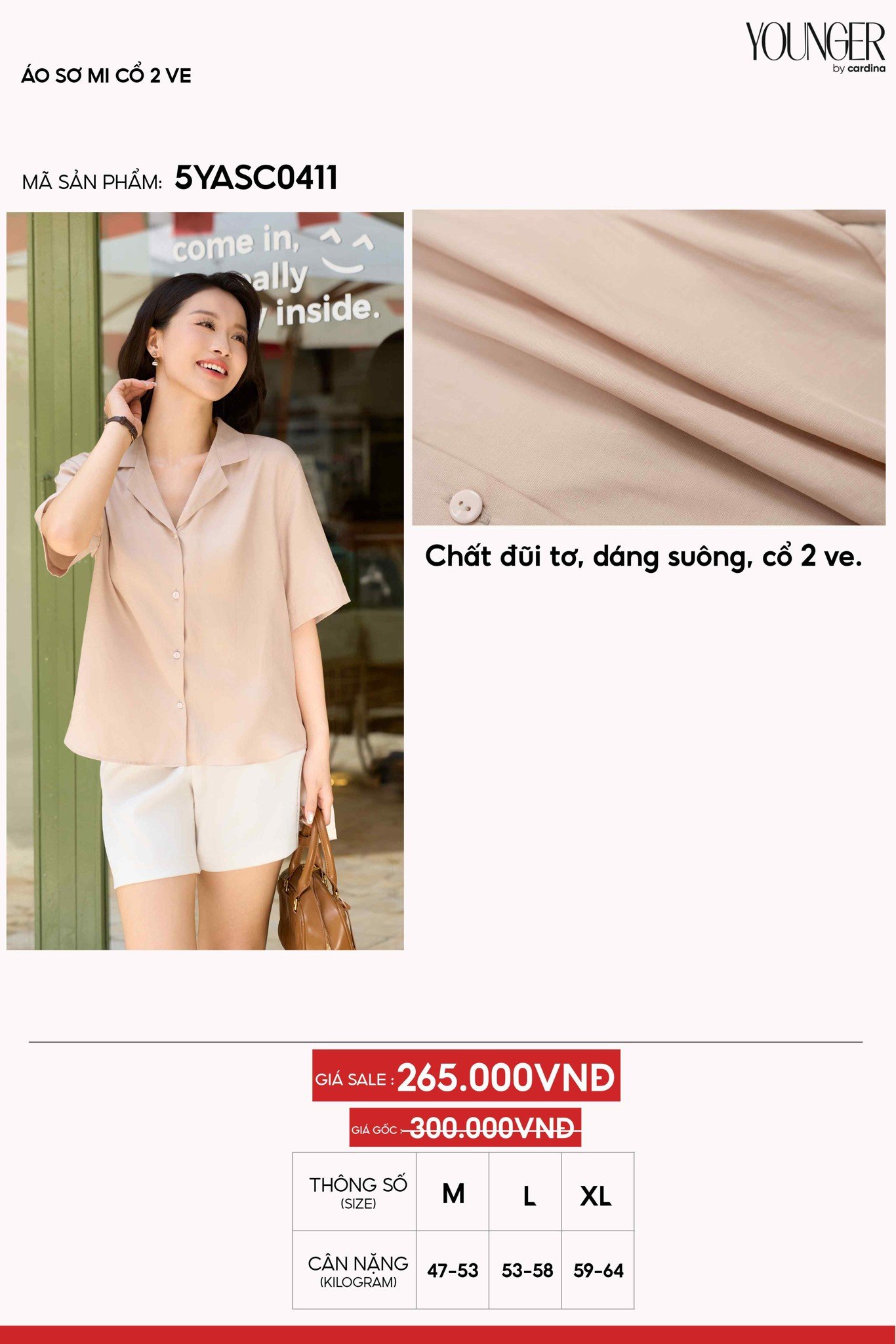 Áo sơ mi nữ Cardina dòng Younger vải đũi tơ thiết kế dáng suông cổ 2 ve