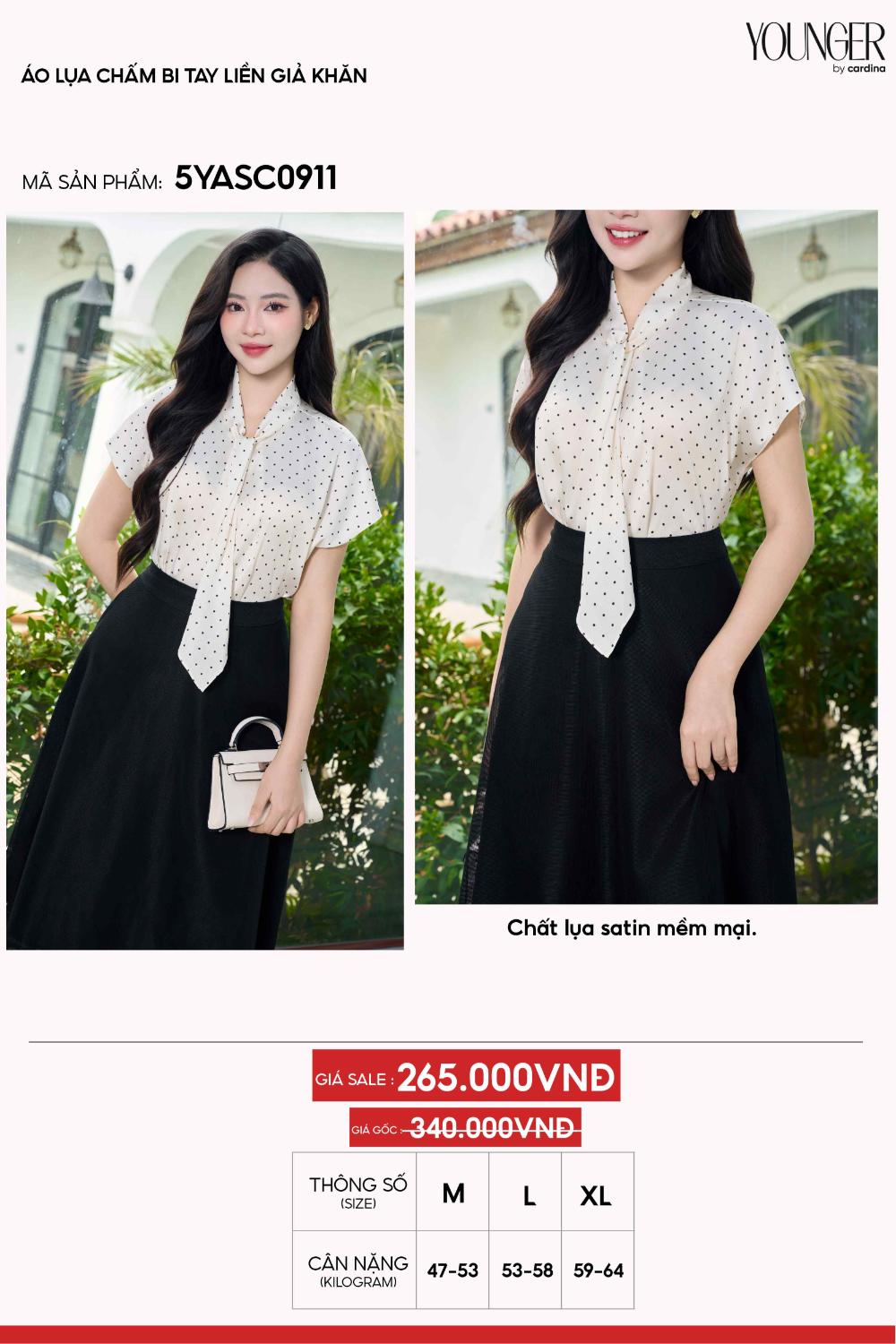 Áo Lụa Nữ Younger by Cardina Dáng Tay Liền Vải Lụa Satin Chấm Bi Giả Khăn