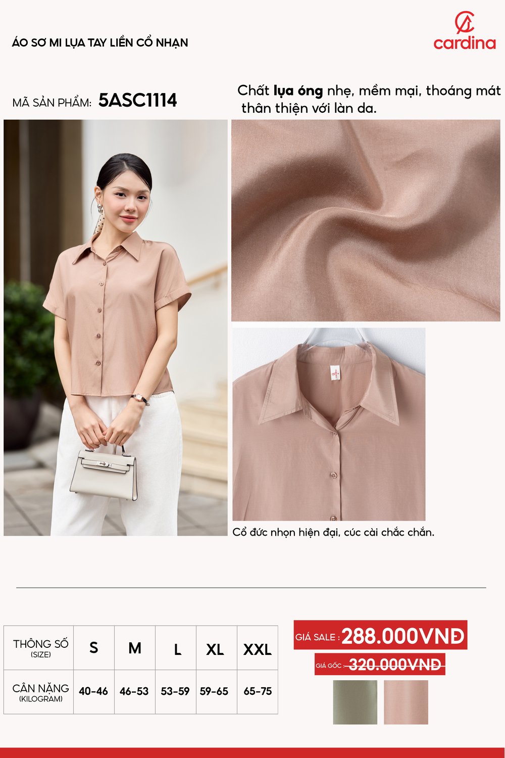 Sơ mi lụa tay liền cổ nhạn