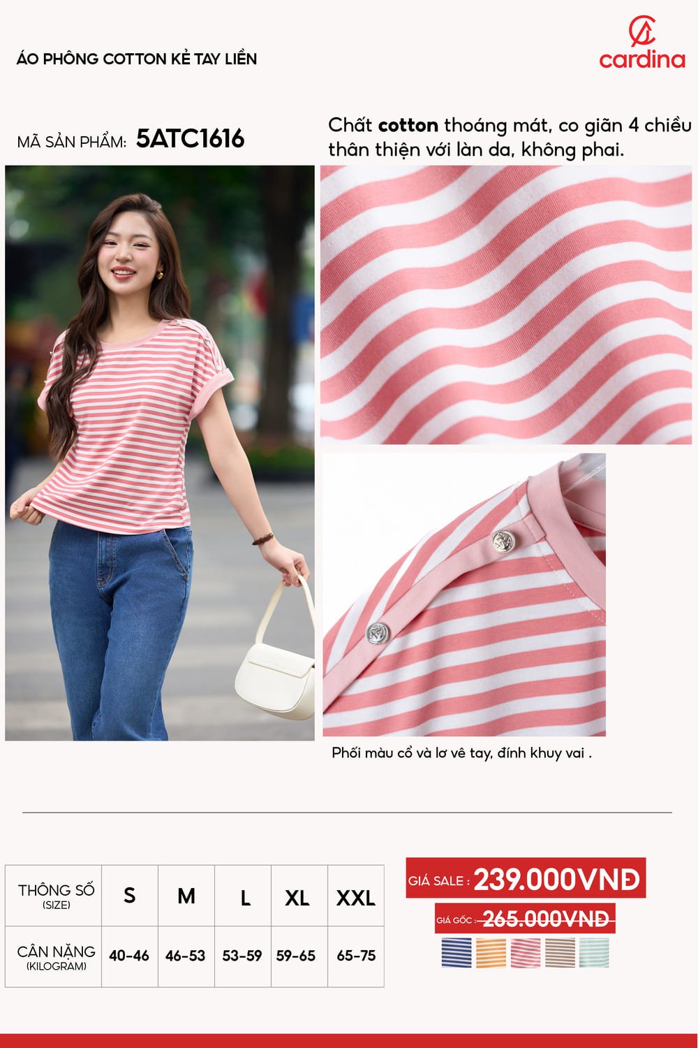 Áo phông cotton kẻ tay liền