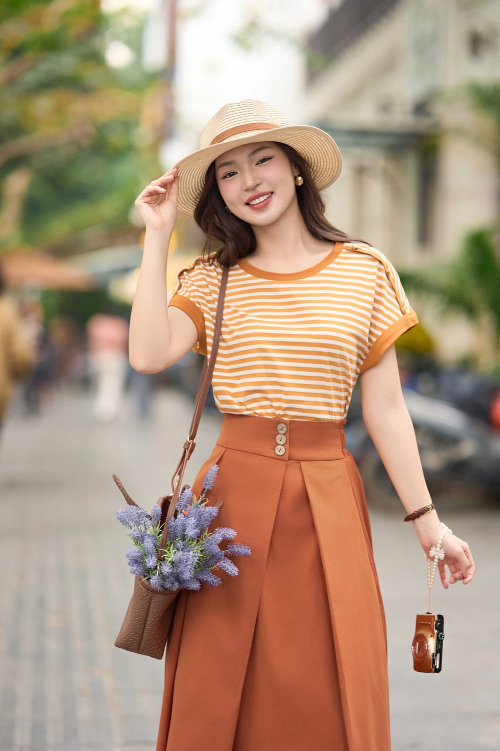 Áo phông cotton kẻ tay liền