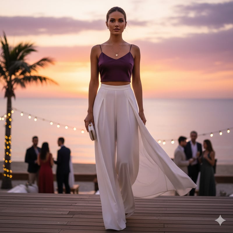 Áo Tím Với Quần Palazzo Màu Trắng