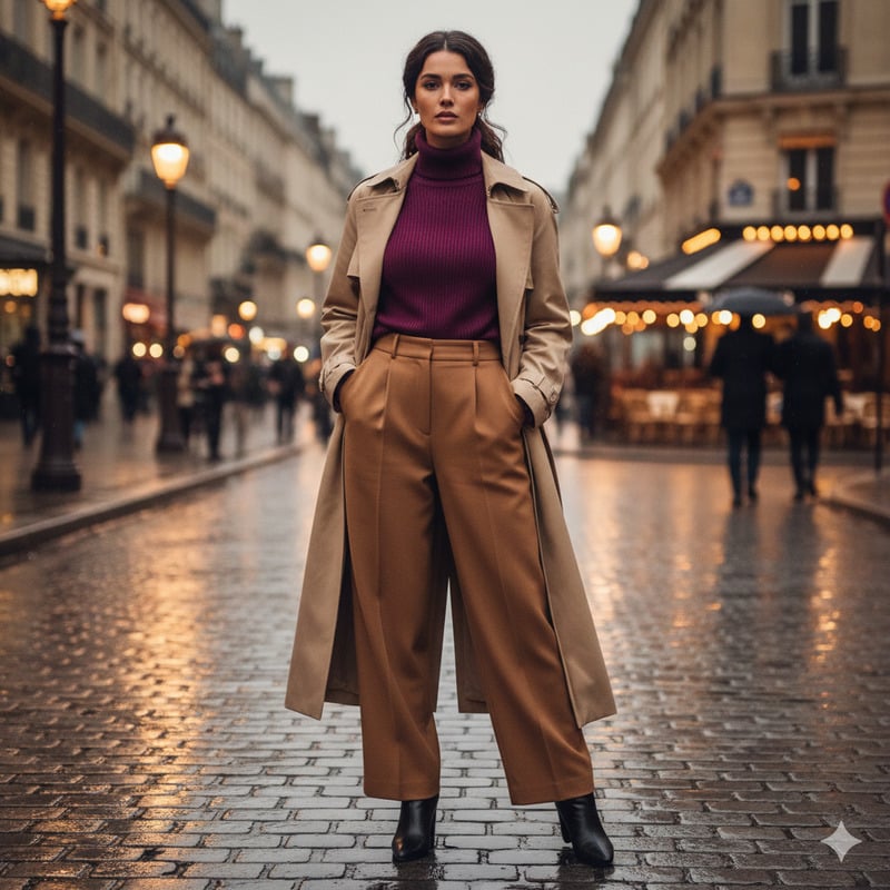 Áo Tím Với Quần Trousers Màu Nâu