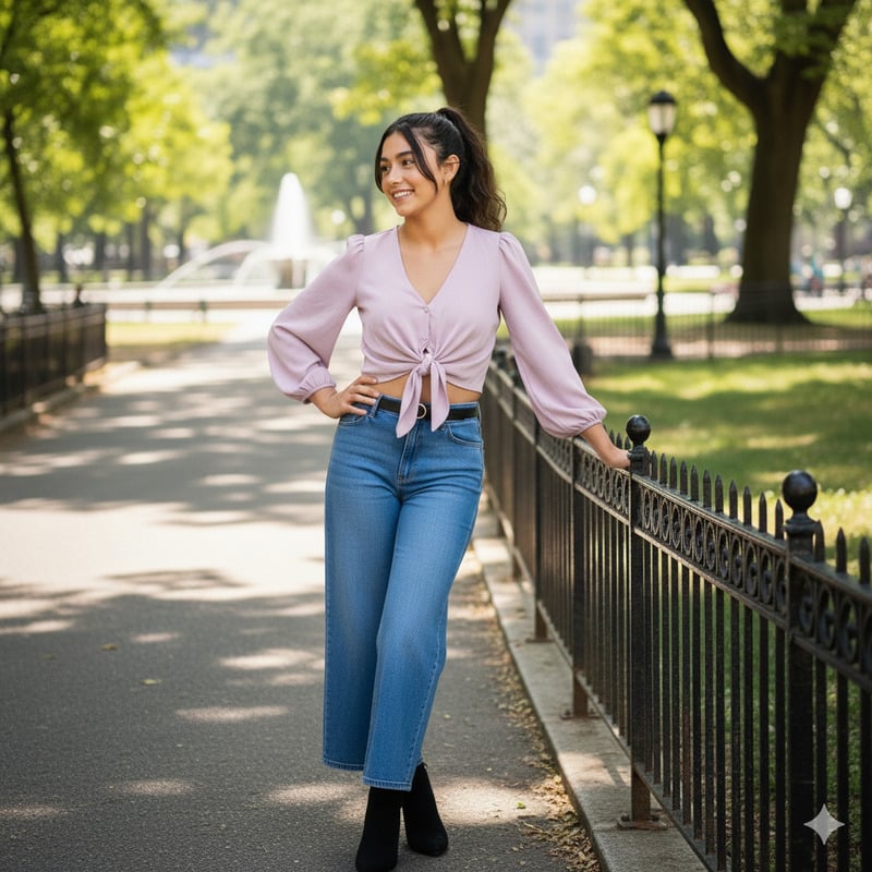 Áo Tím Với Quần Jeans Màu Xanh Dương