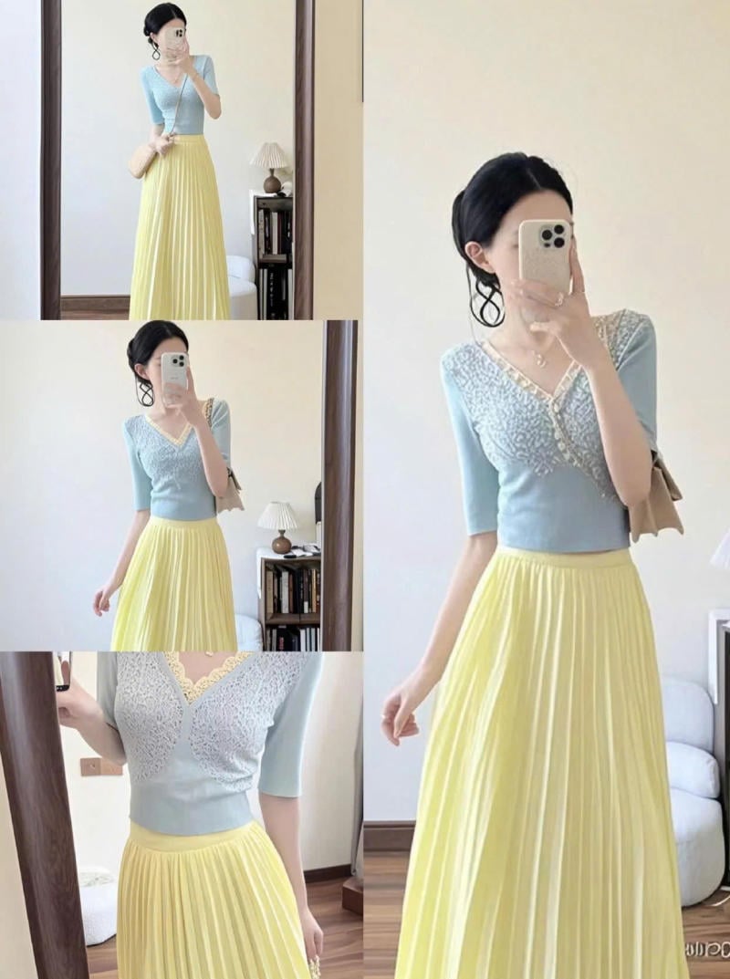 Chân váy màu vàng kết hợp với áo màu xanh