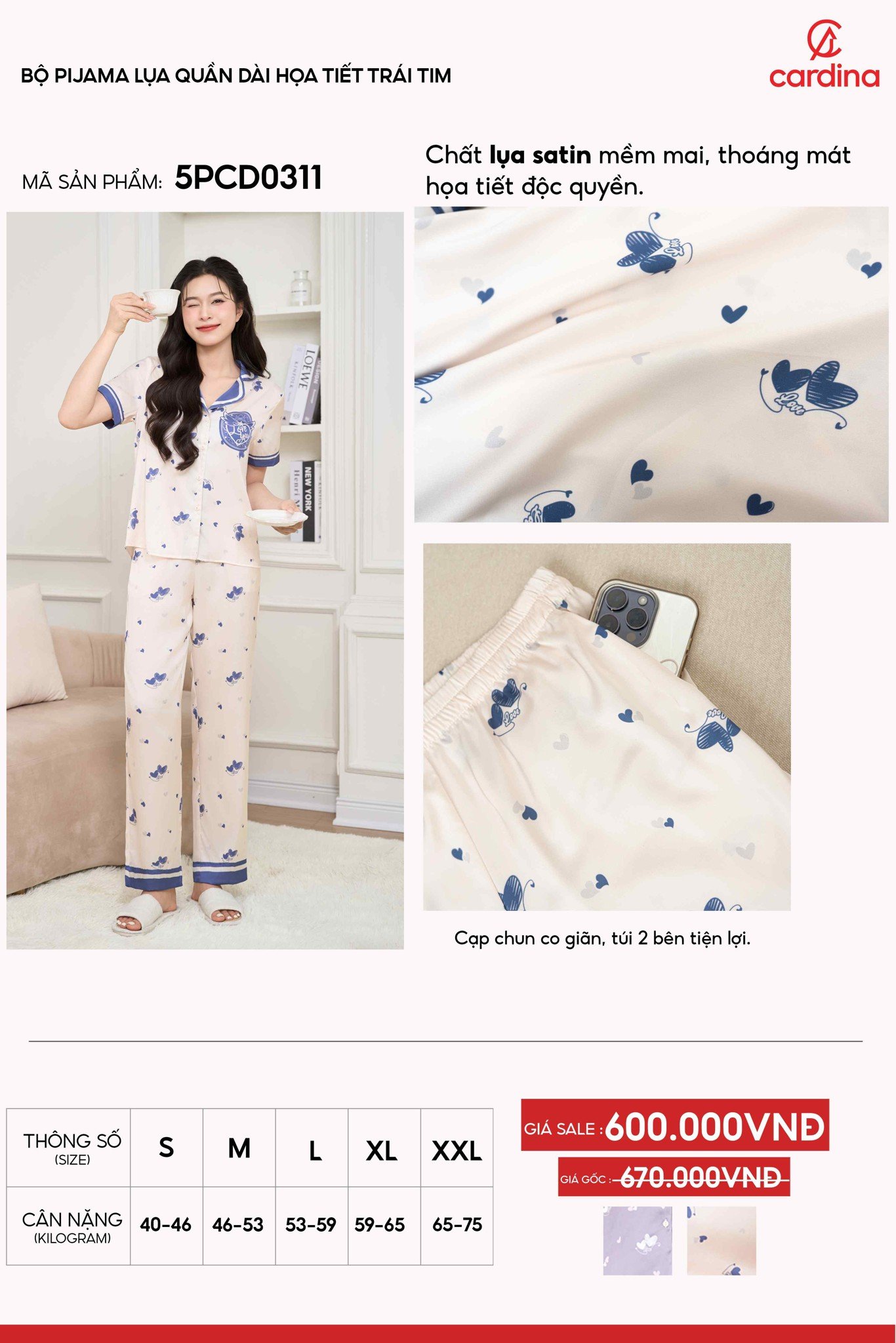 bộ Pijama nữ Cardina dòng cơ bản vải lụa satin thiết kế quần dài họa tiết trái tim