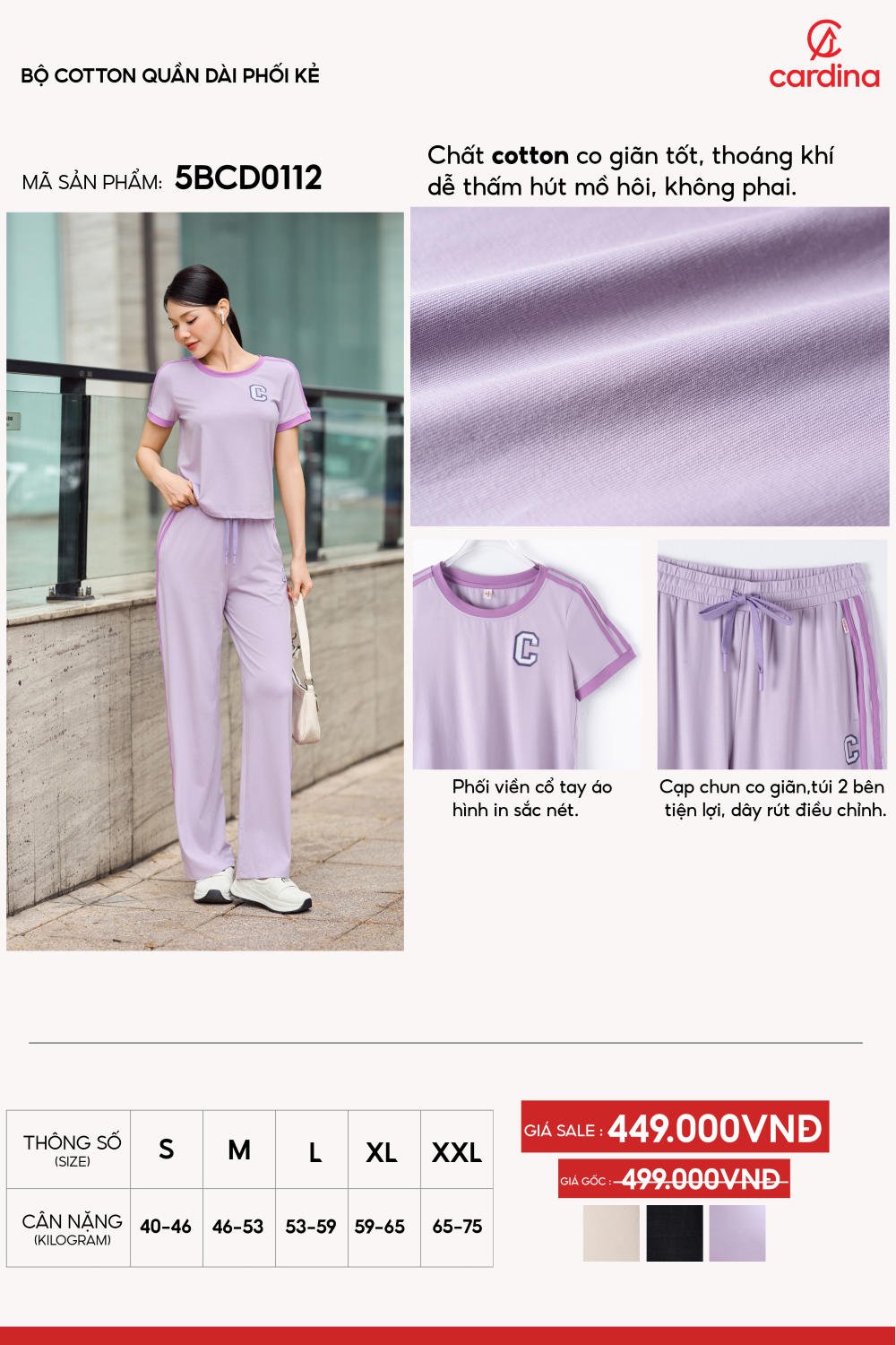 Bộ cotton quần dài phối kẻ
