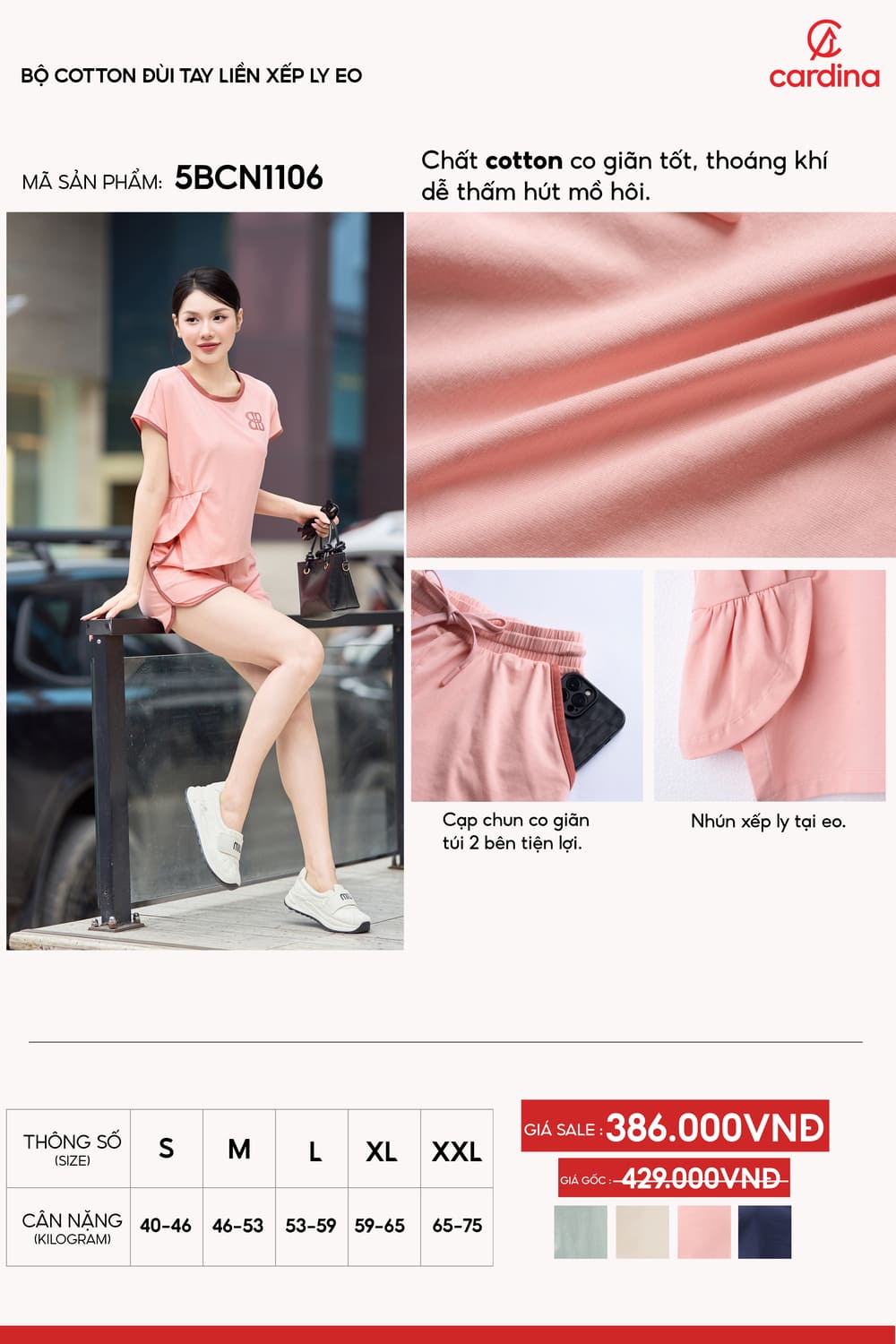 Bộ cotton đùi tay liền xếp ly eo