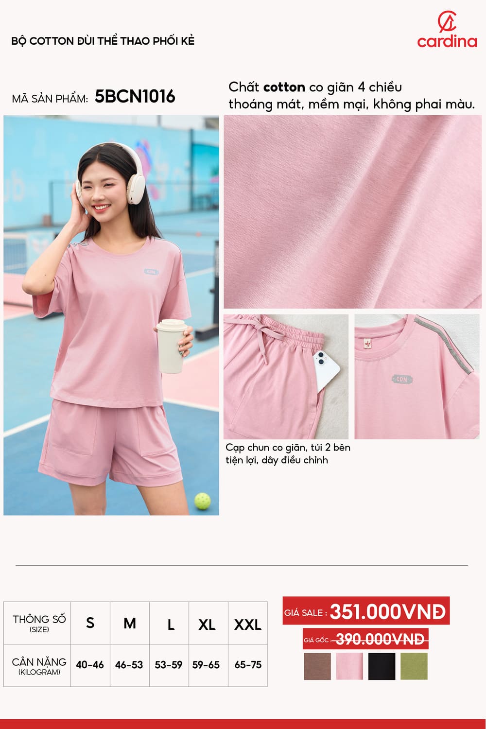 Bộ cotton đùi thể thao phối kẻ