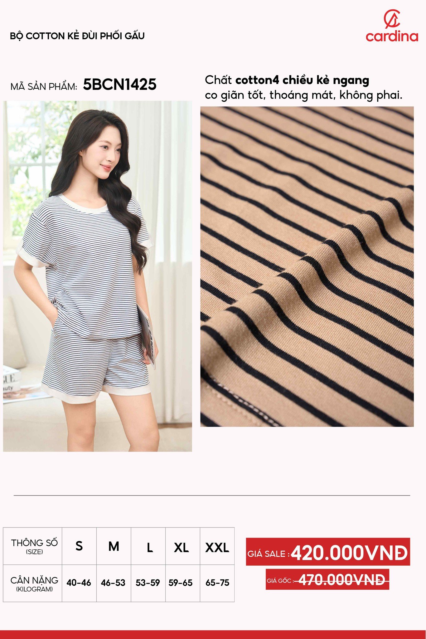 Bộ đồ mặc nhà Cardina vải cotton 4 chiều kẻ ngang phối gấu