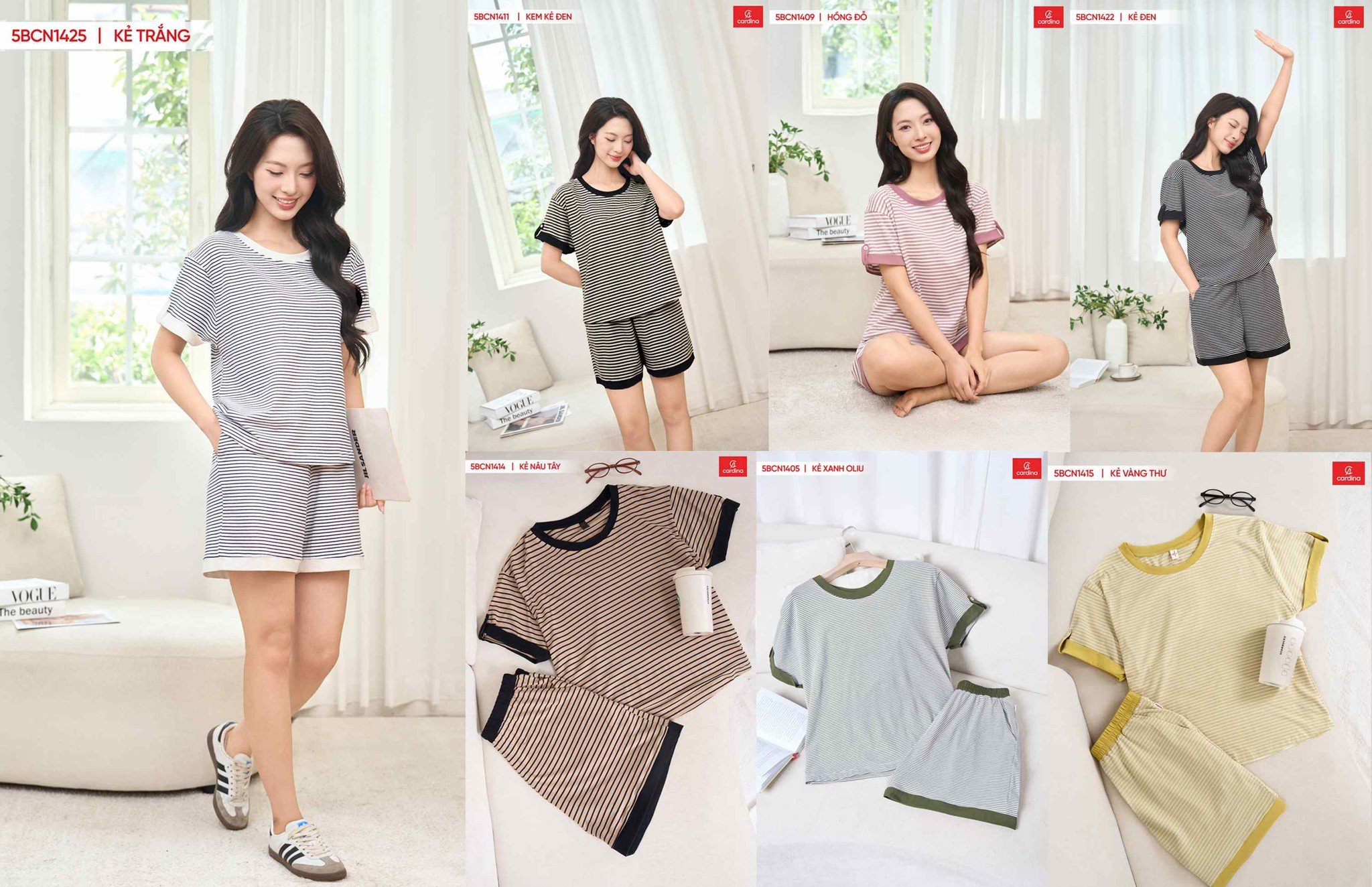Bộ đồ mặc nhà Cardina vải cotton 4 chiều kẻ ngang phối gấu