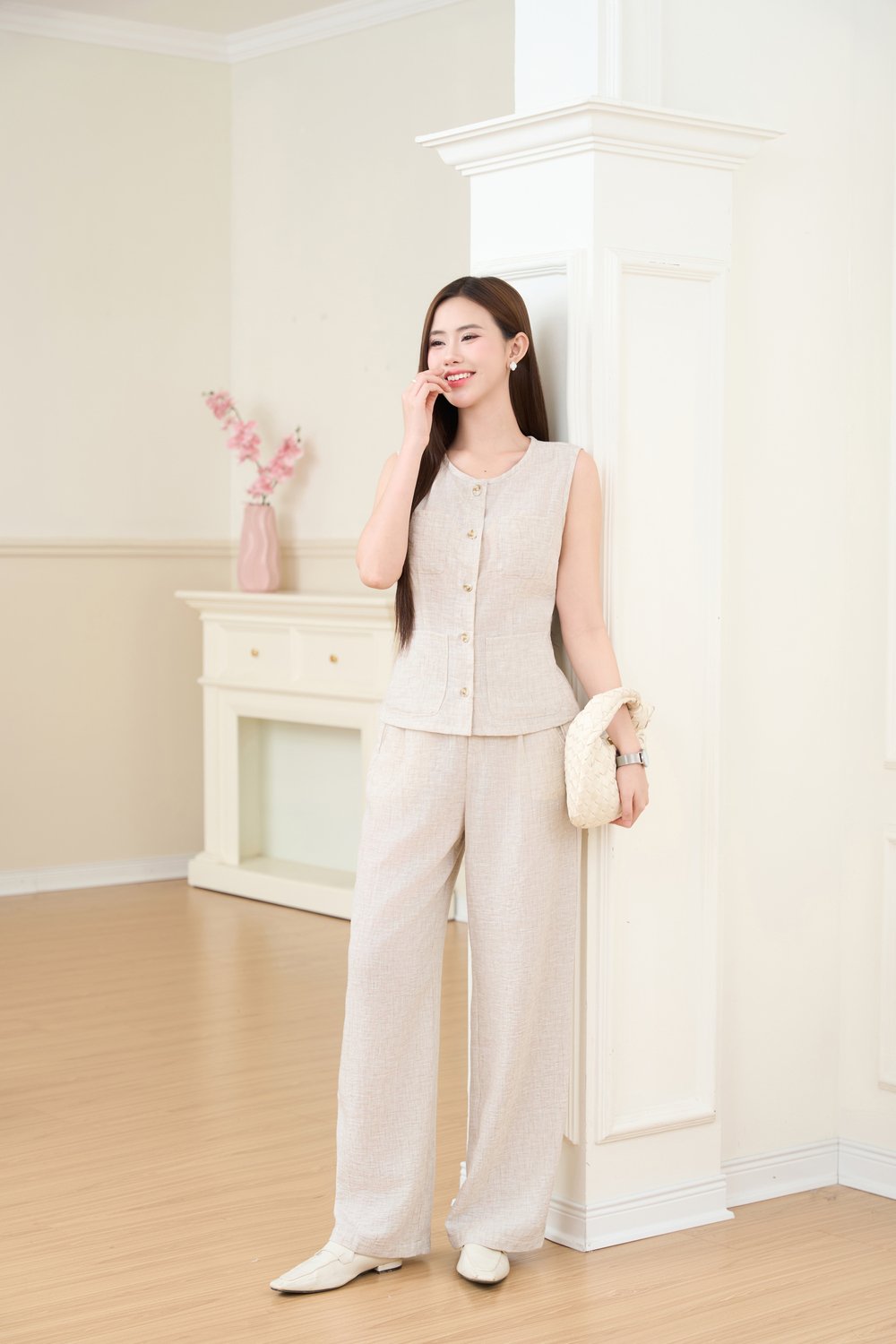 Bộ linen sóng áo gile quần suông