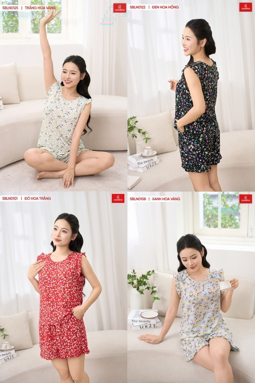 Bộ lanh mặc nhà nữ dáng quần đùi sát nách cổ tròn vai bèo họa tiết