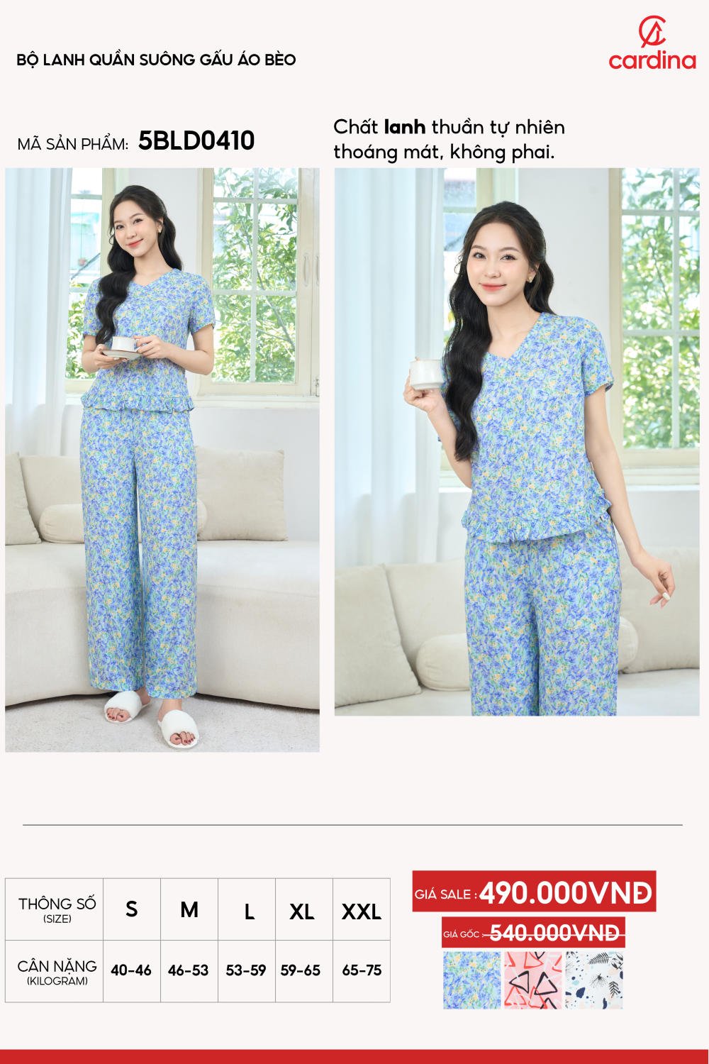 Bộ Đồ Mặc Nhà Nữ Cardina Dáng Quần Suông Vải Lanh Thấm Hút Họa Tiết Hoa