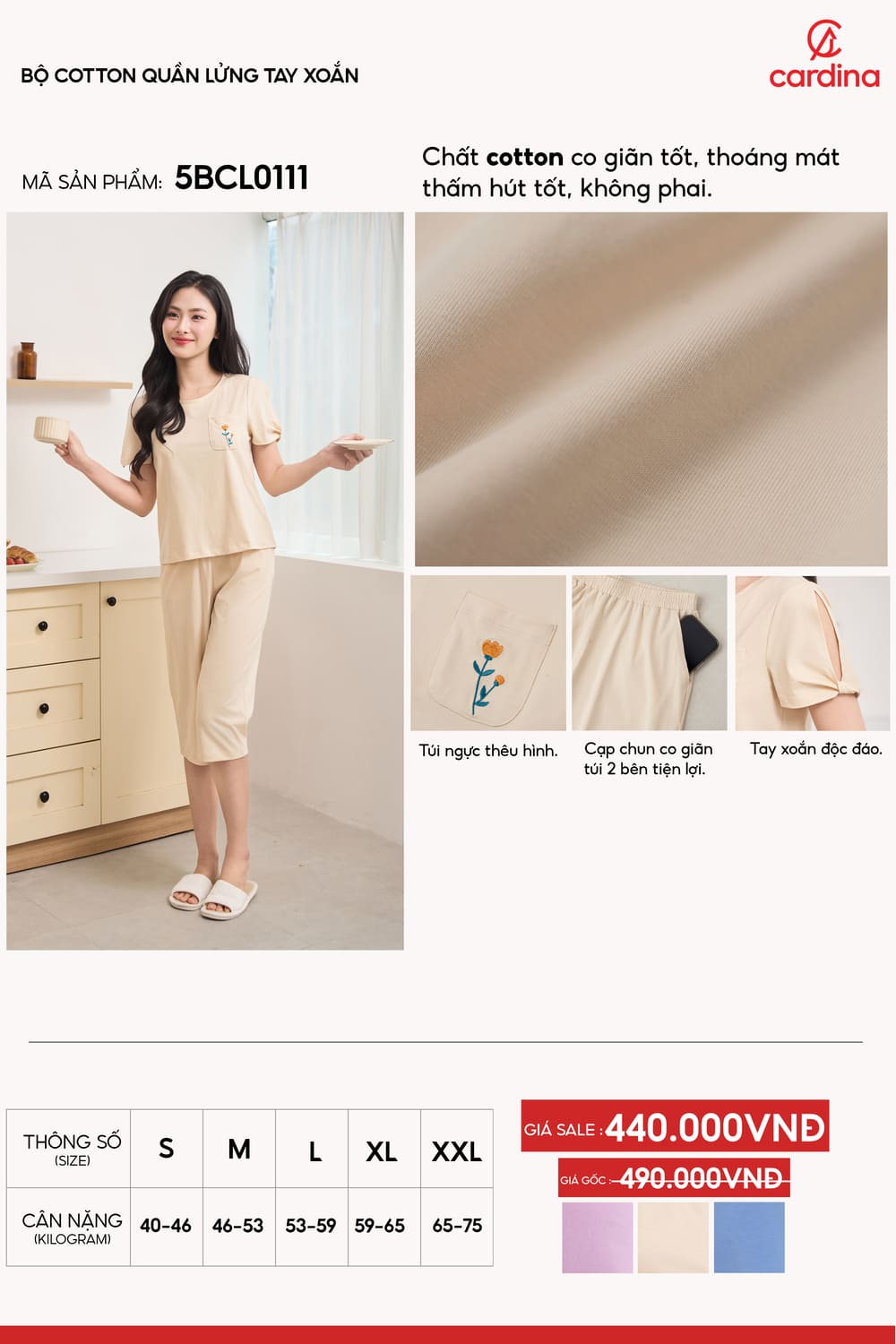 Bộ cotton quần lửng tay xoắn
